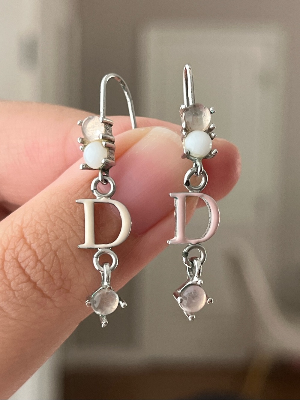 Authentic Vintage Dior Y2K J. Galliano D Logo Glass Dangle Silver Earrings